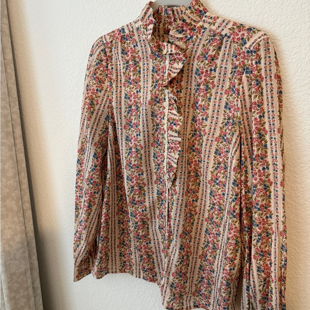 Sezane Floral Button-Up Top - Pink and Blue